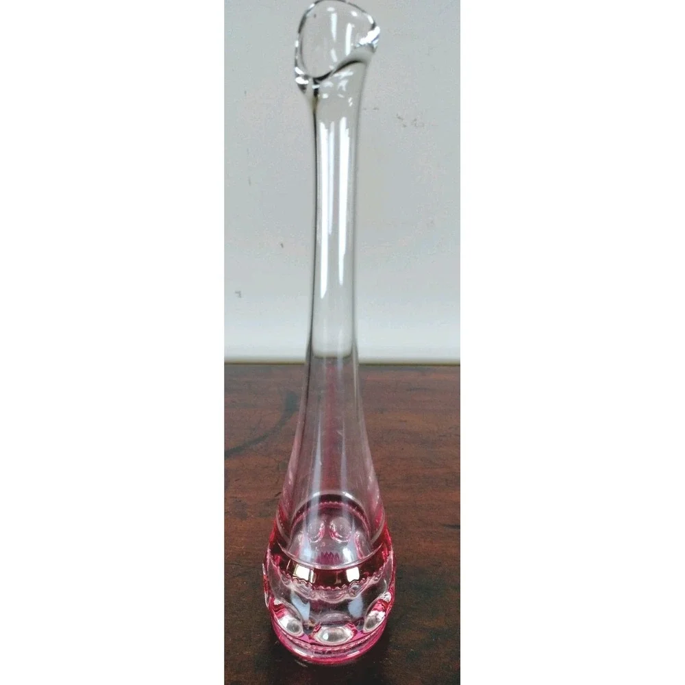 Vintage Clear & Cranberry Glass Bud Vase Thumbprint 9.5 
